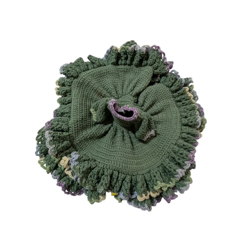 Vintage Handmade Crochet Doll Dress Green Ruffled Knit Skirt 21 Inch Diameter